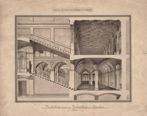 Ostteil des Bundeshauses in Bern, 1887–1892. Schnittperspektive des Treppenhauses und der Korridore. Quelle: gta Archiv / ETH Zürich